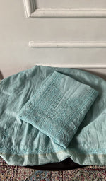 Load image into Gallery viewer, aqua pure mul chanderi chikankari 3 pc unstitched suit set, folded