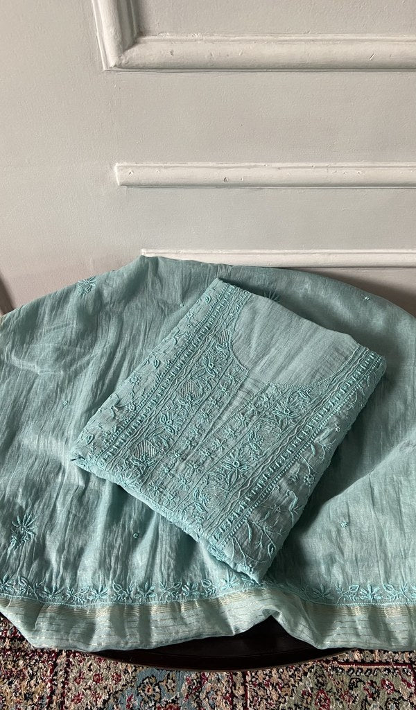 aqua pure mul chanderi chikankari 3 pc unstitched suit set, folded