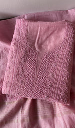 Pink pure mul chanderi kurta piece folded, do taar and teen taar jaaldar chikankari with haath ki jaali