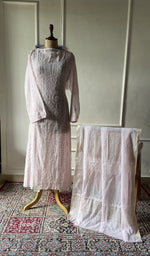 Load image into Gallery viewer, blush pure mul chanderi chikankari 3 pc semi-stitched anarkali suit set on mannequin