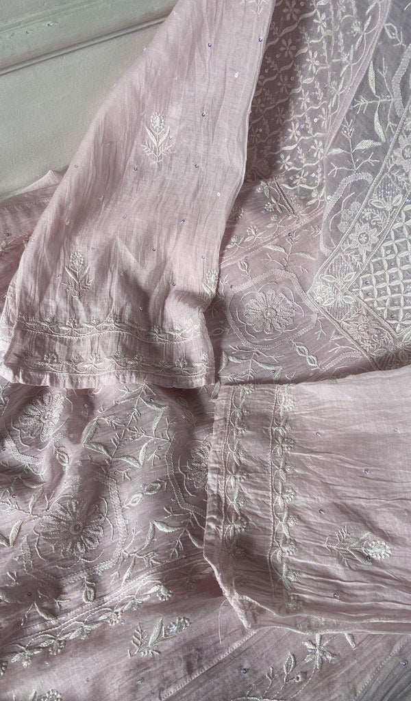 do taar and teen taar chikankari with haath ki jaali on blush pure mul chanderi