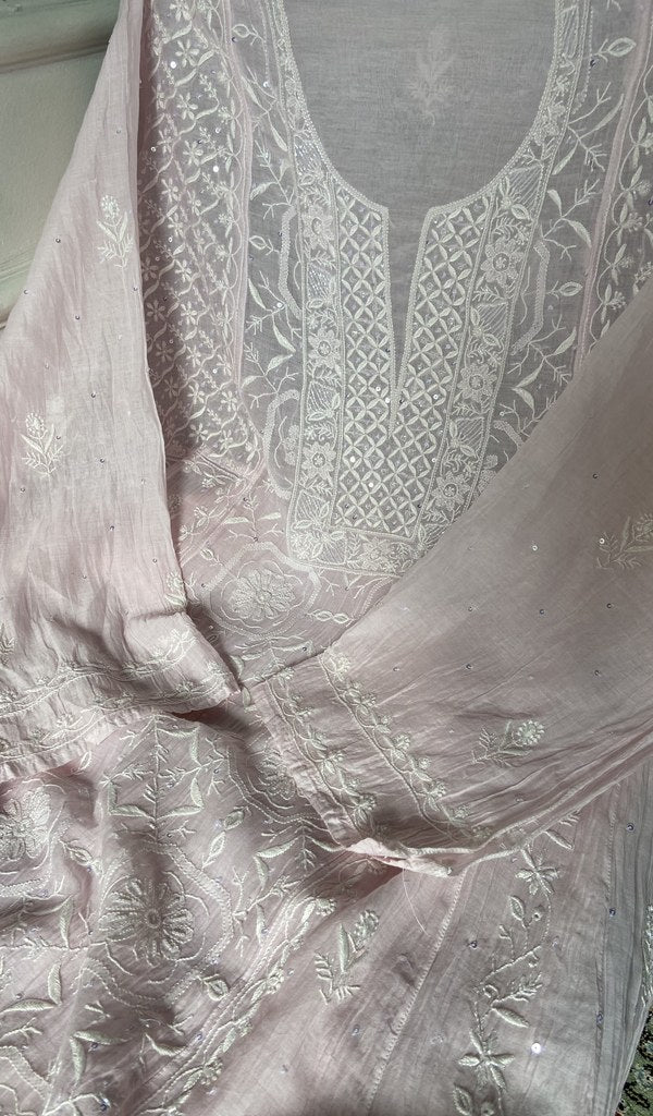 close view of the hand embroidery, blush pure mul chanderi