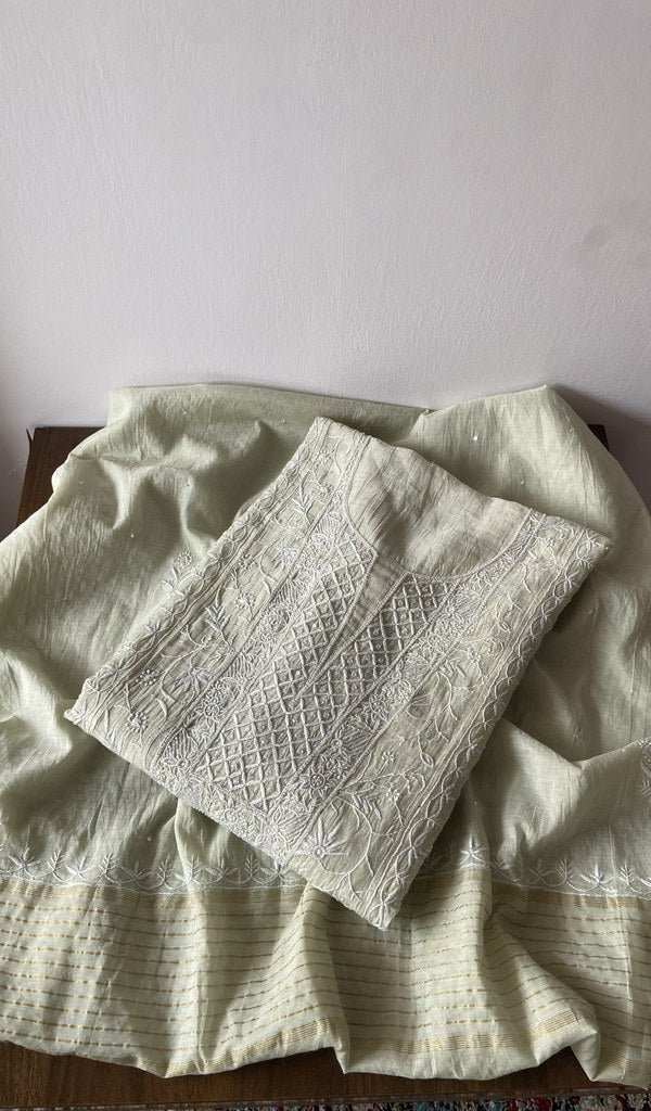 Rimsha — Green Pure Mul Chanderi Chikankari 3 Pc Semi-Stitched Anarkali Suit Set