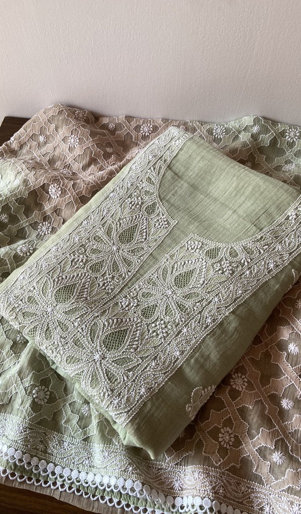 Green pure mul chanderi kurta piece folded, fine chikankari with haath ki jaali along with heavy dupatta