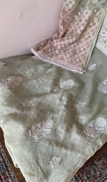 Close look at the fine chikankari with haath ki jaali along with heavy dupatta