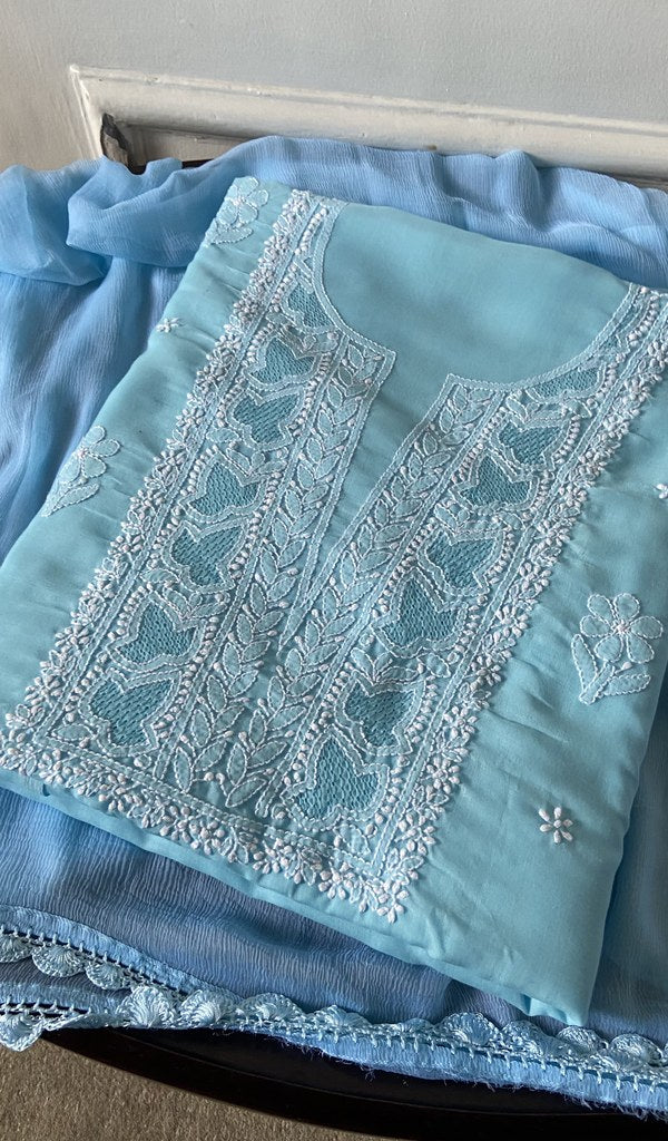 blue cotton kurta piece folded, fine chikankari with haath ki jaali