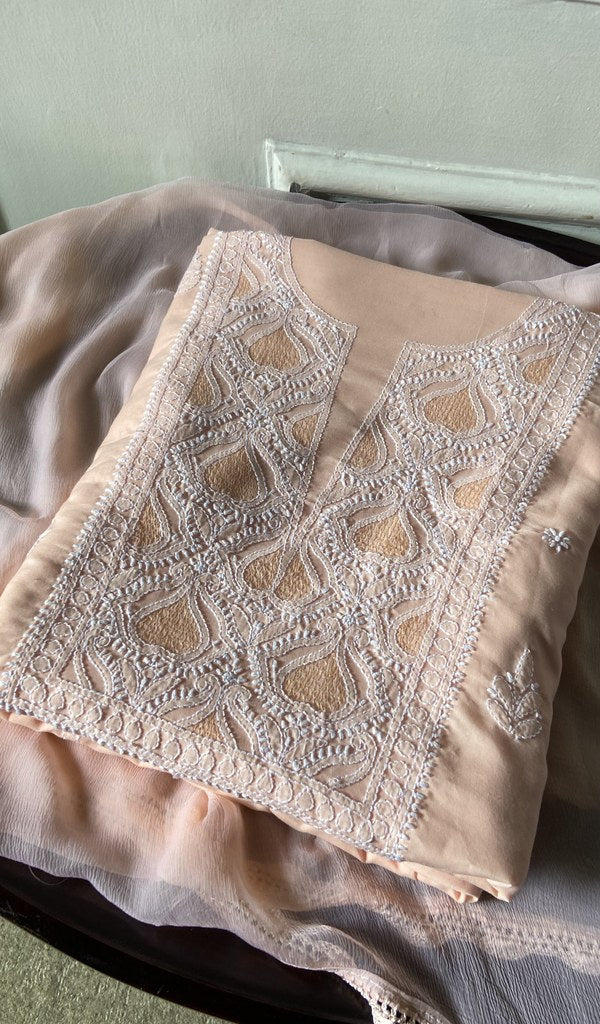 peach cotton kurta piece folded, fine chikankari with haath ki jaali