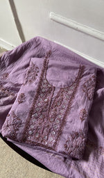 Purple pure mul chanderi kurta piece folded, do taar and teen taar chikankari