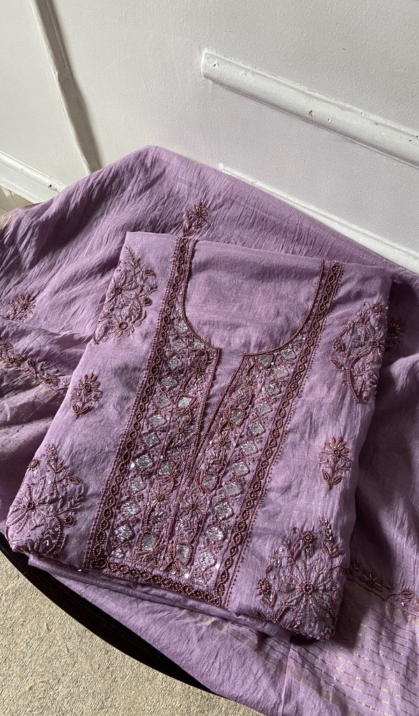 Purple pure mul chanderi kurta piece folded, do taar and teen taar chikankari