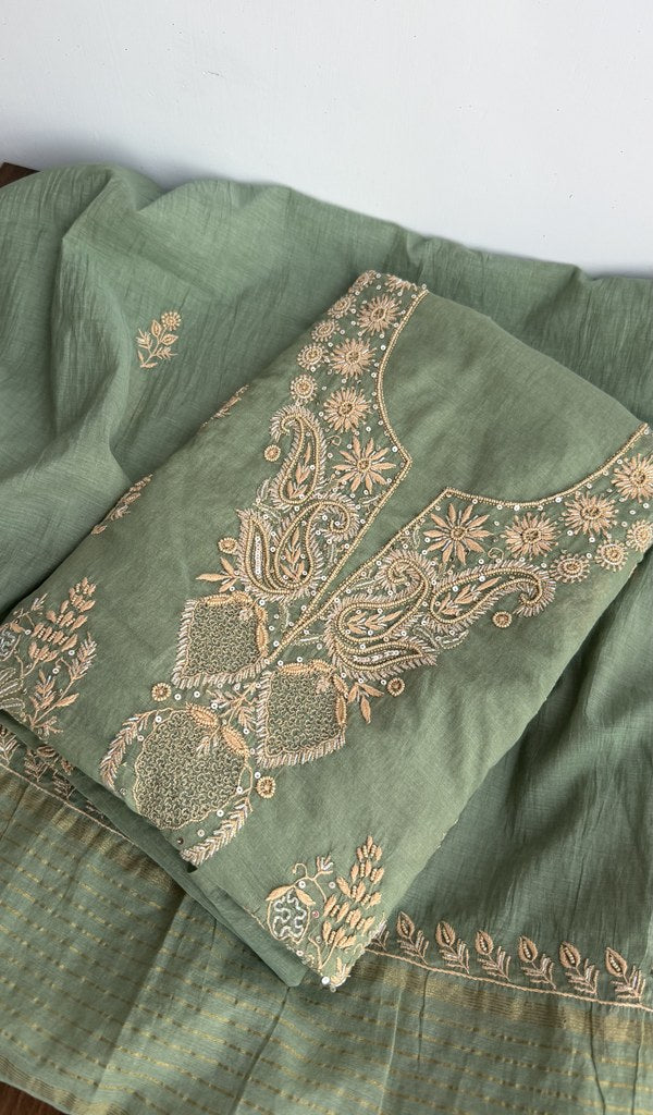 Sage green mul chanderi kurta piece folded, gala work in front