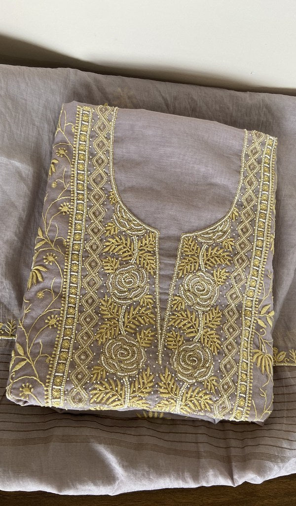 Grey mul chanderi kurta piece folded, gala work in front