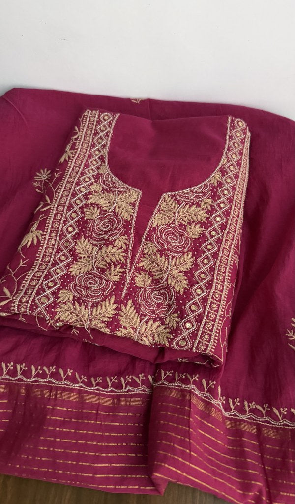 Magenta mul chanderi kurta piece folded, gala work in front