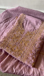lilac pure mul chanderi kurta piece folded, fine do taar and teen taar jaaldar chikankari with haath ki 