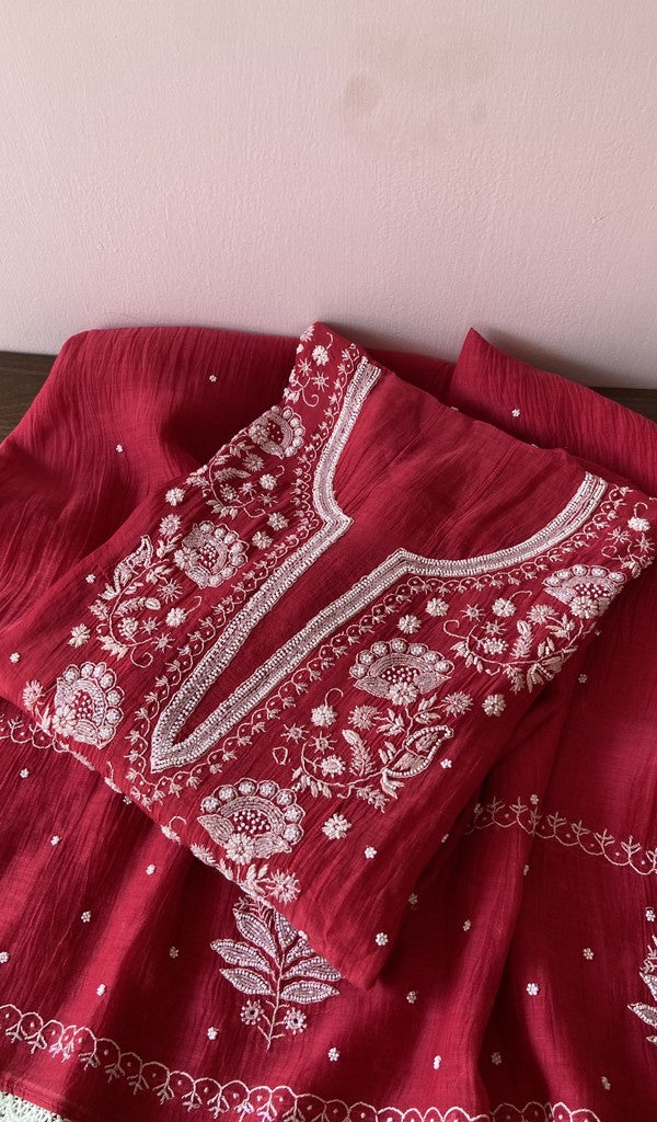 Red pure mul chanderi kurta piece folded, fine front and back chikankari anarkali with allover beads