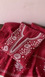 Red pure mul chanderi kurta piece folded, fine front and back chikankari anarkali with allover beads