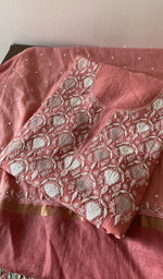 Load image into Gallery viewer, Rose Coral pure mul chanderi kurta piece folded, badla and mukaish work in view