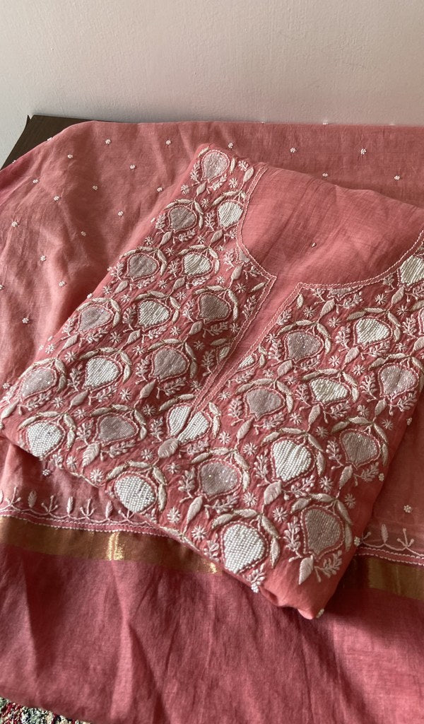 Rose Coral pure mul chanderi kurta piece folded, badla and mukaish work in view