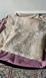 Load image into Gallery viewer, Pink pure mul chanderi kurta piece folded, badla and mukaish work in view