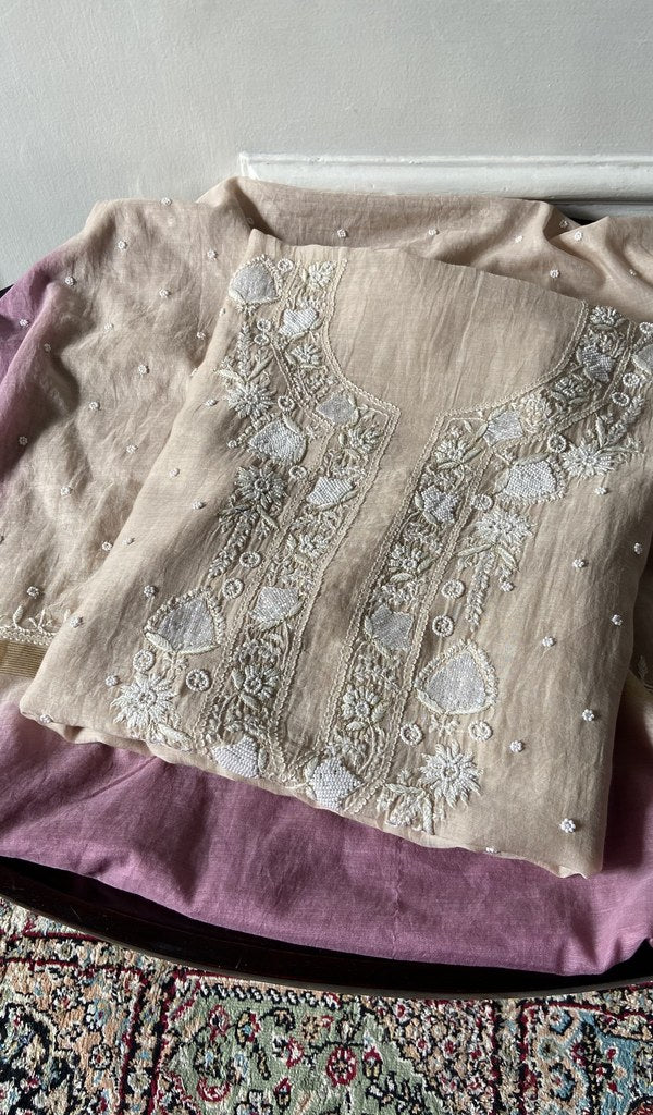 Pink pure mul chanderi kurta piece folded, badla and mukaish work in view