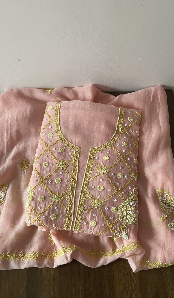 Shirin — Pink Pure Mul Chanderi Lime Thread Chikankari 2 Pc Unstitched Suit Set