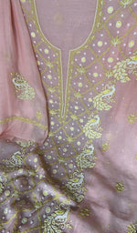 Sleeve work in lime thread on pink pure mul chanderi