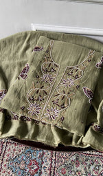 Load image into Gallery viewer, Olive pure mul chanderi kurta piece folded, fine chikankari in view