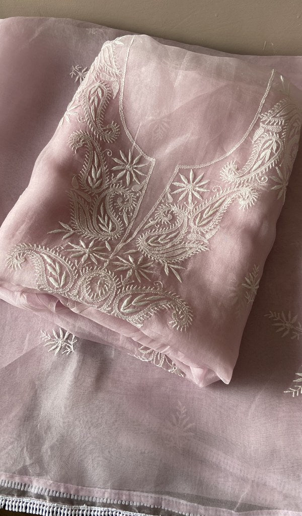 Folded lilac pink organza silk kurta, front view