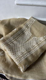 Load image into Gallery viewer, olive green pure organza silk chikankari set on the mannequin, dupatta on the stand