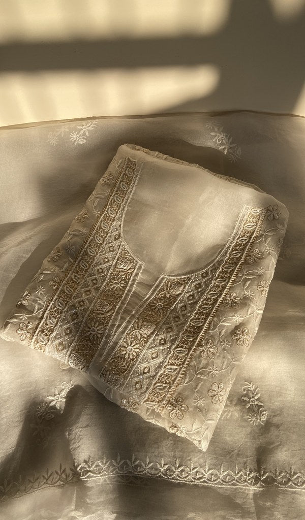 Folded white organza silk kurta, gala and neckline work
