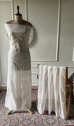 Load image into Gallery viewer, Off white pure maheshwari mul chanderi chikankari 2 pc unstitched suit set laid out