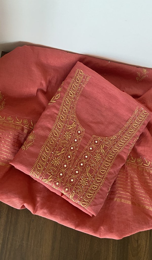 Folded rust mul chanderi kurta, gala and neckline work