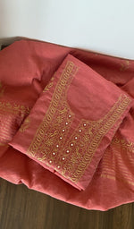 Folded rust mul chanderi kurta, gala and neckline work