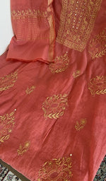 Rust mul chanderi kurta, close view of the embroidery