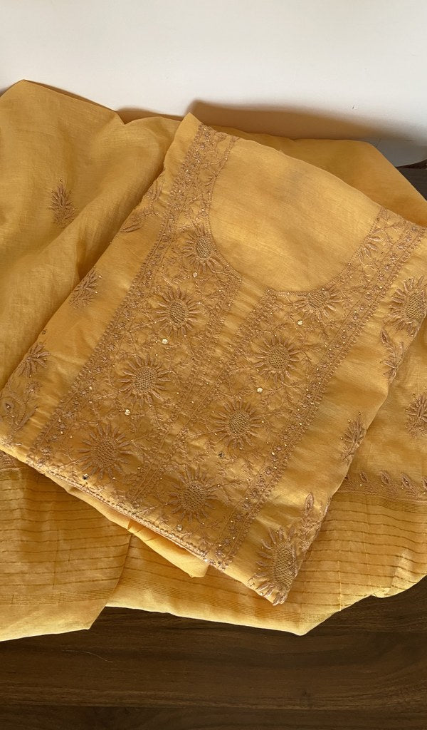 Folded mustard mul chanderi kurta, gala and neckline work
