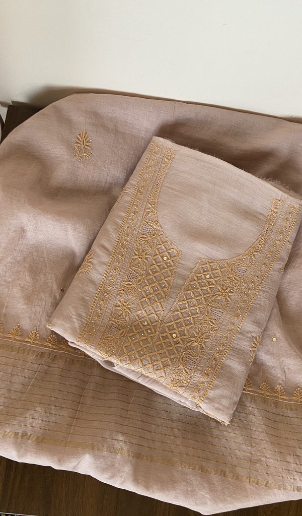 Zia M — Beige Pure Mul Chanderi Chikankari 3 Pc Unstitched Suit Set