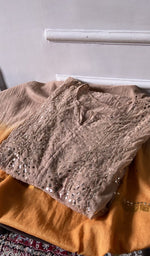 Load image into Gallery viewer, Dusty Rose pure mul chanderi kurta piece folded, fine chikankari in view