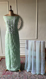 Load image into Gallery viewer, Mint green cotton chikankari 3 pc unstitched suit set laid out