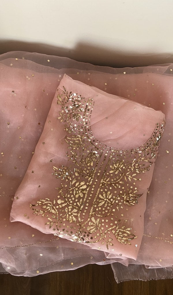 Folded dusty rose organza silk kurta, gala and neckline work