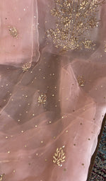 Badla work on on gala and boota on the dusty rose organza silk