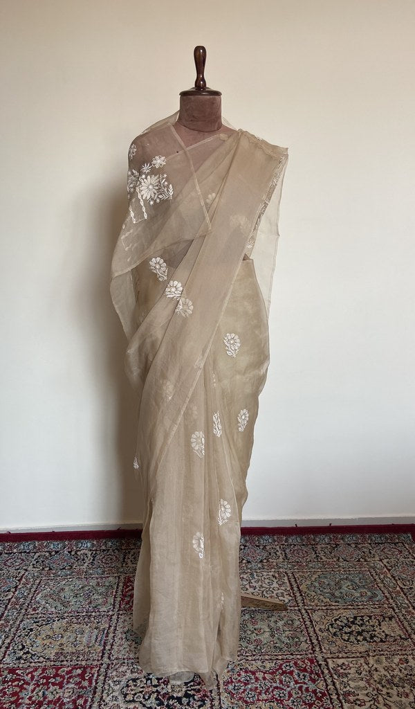 Beige organza silk saree draped on the mannequin, front view