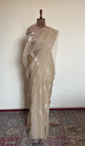 Jalila — Beige Pure Organza Silk Chikankari Saree