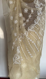 Embroidery on the butter yellow saree, close view