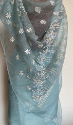 Embroidery on the sky blue saree, close view