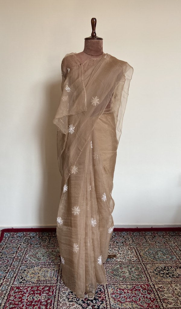 Jalila — Camel Beige Pure Organza Silk Chikankari Saree