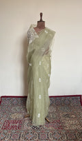 Jalila — Sage Green Pure Organza Silk Chikankari Saree