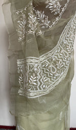 Sage green organza silk saree, detail view