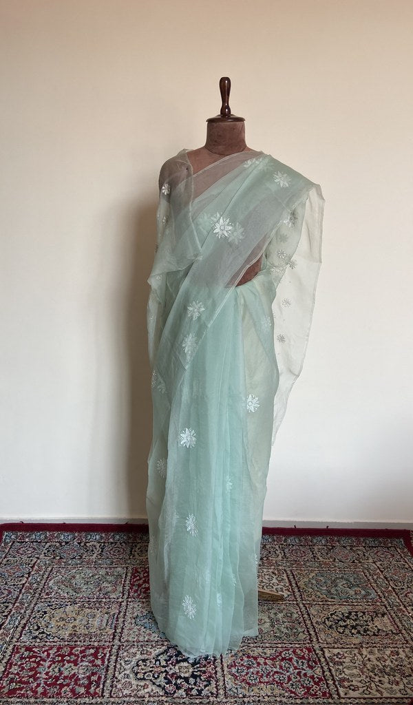 Aqua organza silk saree draped on the mannequin, front view