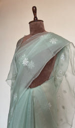 Aqua saree on the mannequin, close view