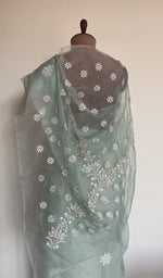 Aqua organza silk saree, lower half