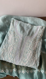 Blue pure mul chanderi kurta piece folded, fine front and back jaaldar chikankari anarkali